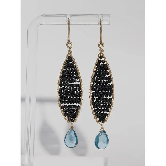 Mabel Chong Designer 14k Solid Gold Black Spinel Blue Topaz Dangle Earrings - Picture 2 of 5